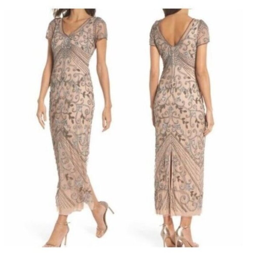 Pisarro Nights Beaded Mesh Column Gown Beaded Silver Sequin Beige Dress SZ 2 NWT